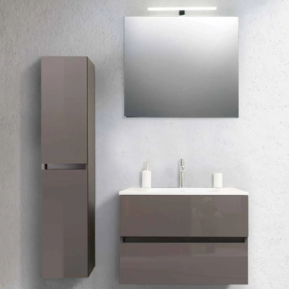 Badezimmerschrank 80 cm, Waschbecken, Mirron und Ecru Säule - Becky