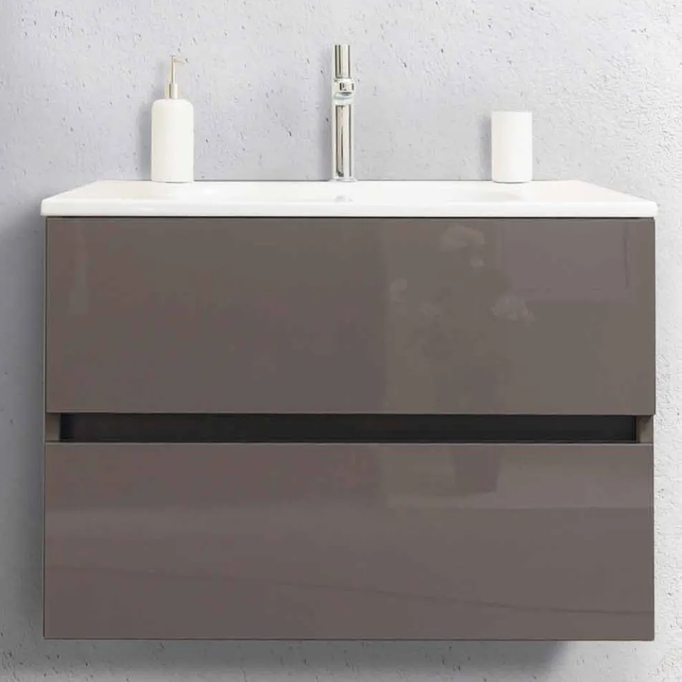 Badezimmerschrank 80 cm, Waschbecken, Mirron und Ecru Säule - Becky