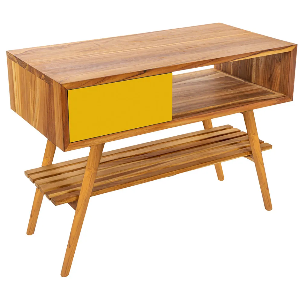 Badezimmerschrank mit Struktur aus natürlichem Teakholz und gelber Schublade - Benoit