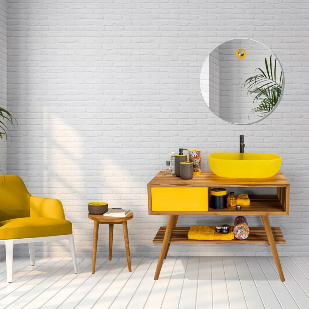 Badezimmerschrank mit Struktur aus natürlichem Teakholz und gelber Schublade - Benoit