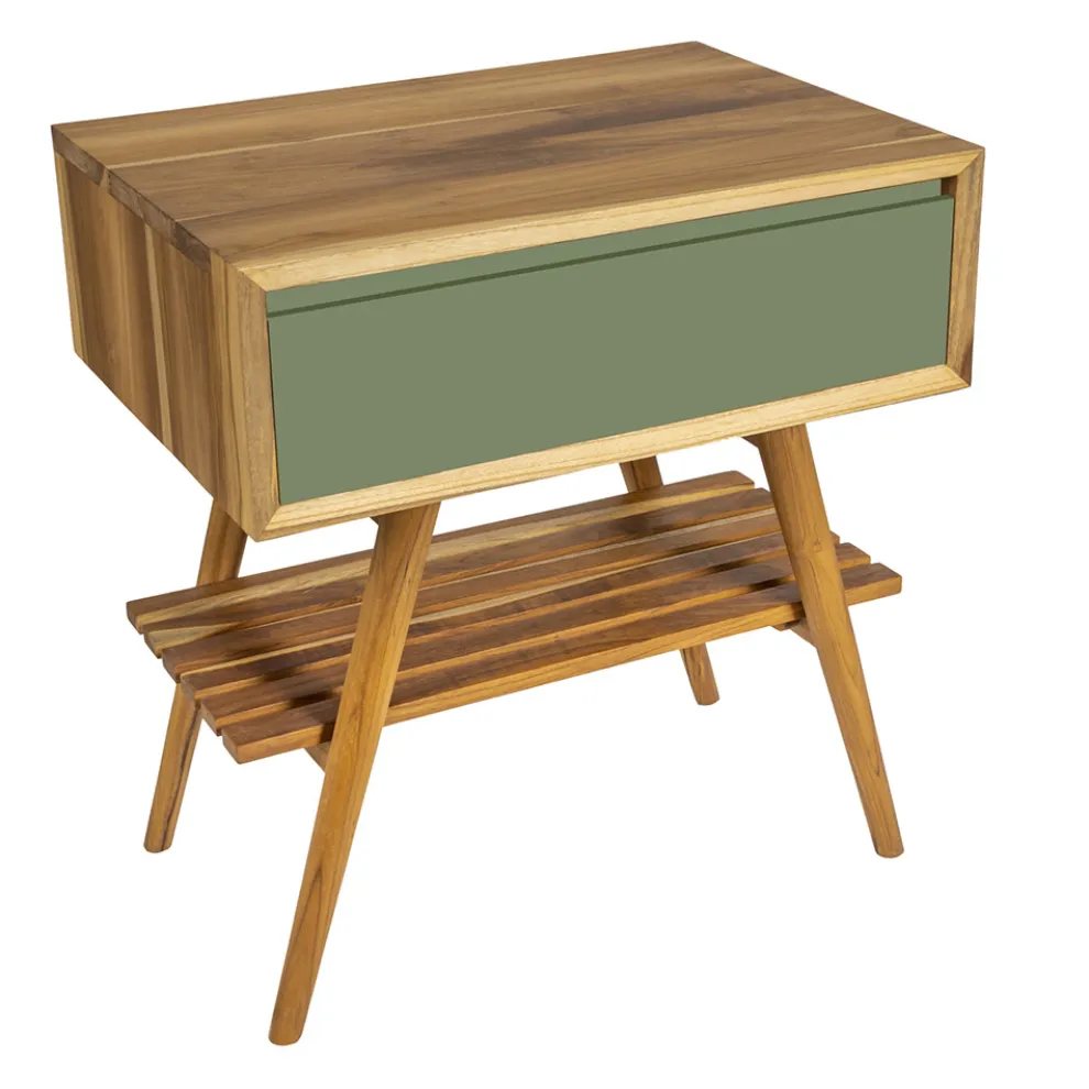 Badezimmerschrank mit Struktur aus natürlichem Teakholz und grüner Schublade - Gatien