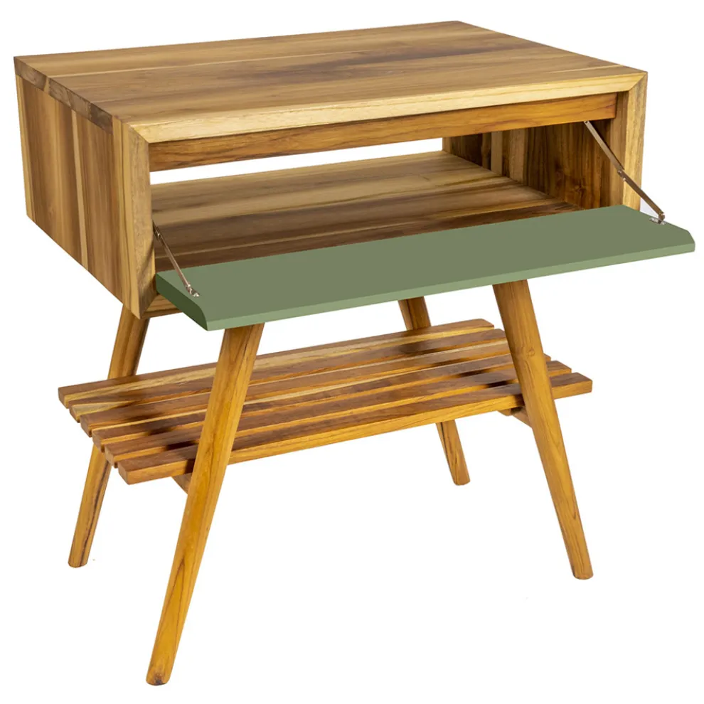 Badezimmerschrank mit Struktur aus natürlichem Teakholz und grüner Schublade - Gatien