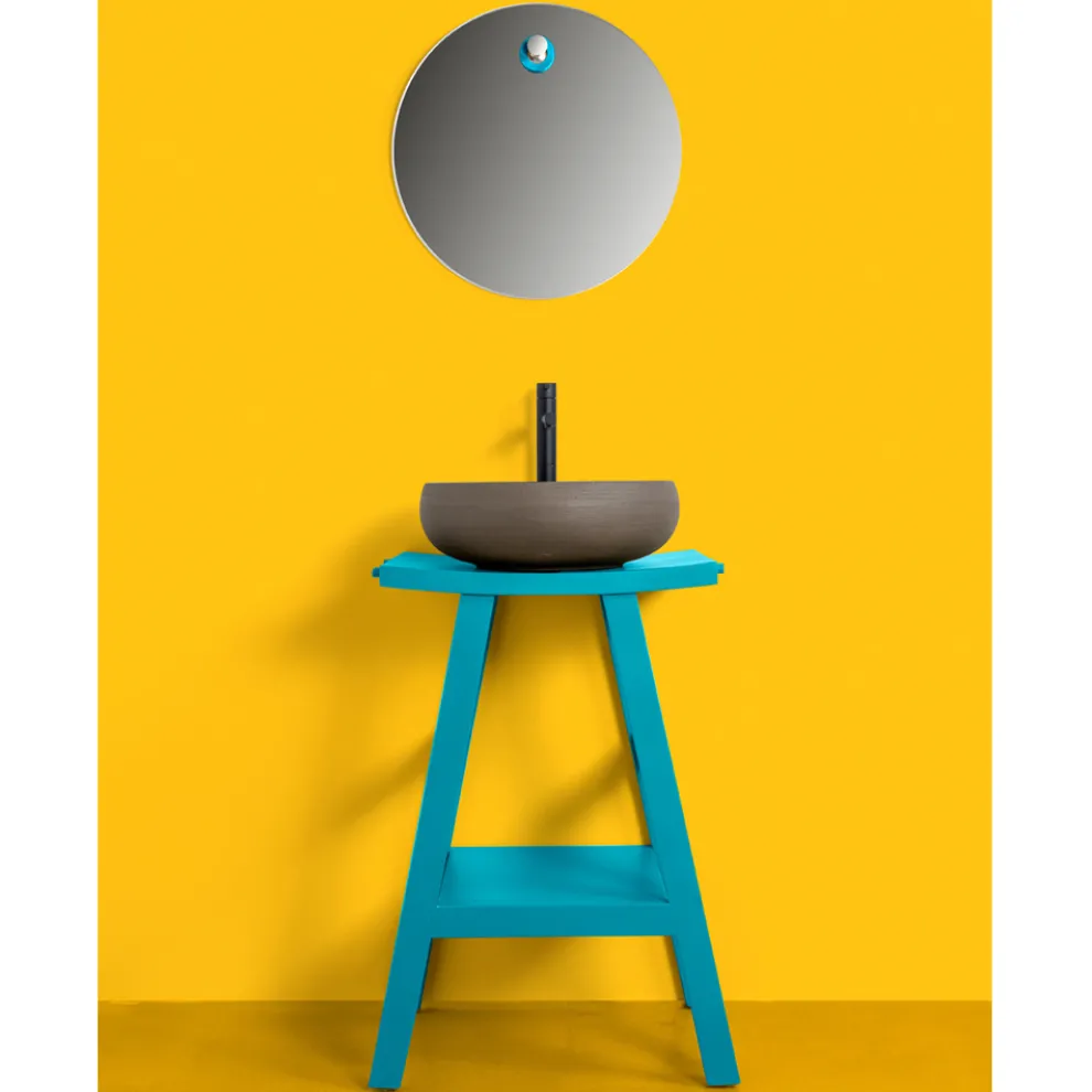 Badezimmerschrank aus natürlichem blauem Teakholz mit halb gebogener Platte und Haken - Raomi