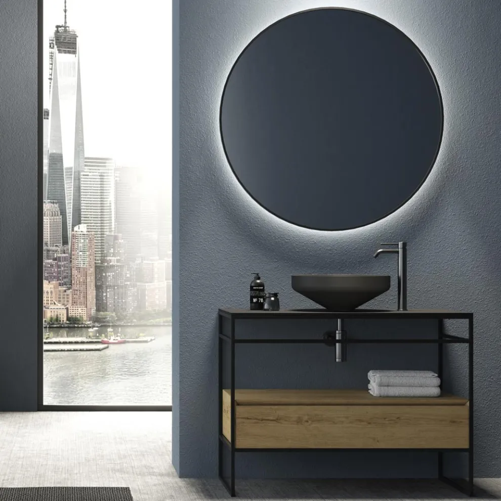 Badezimmerschrank-Komposition mit Waschbecken, Sockel und Spiegel Made in Italy - Hoscar