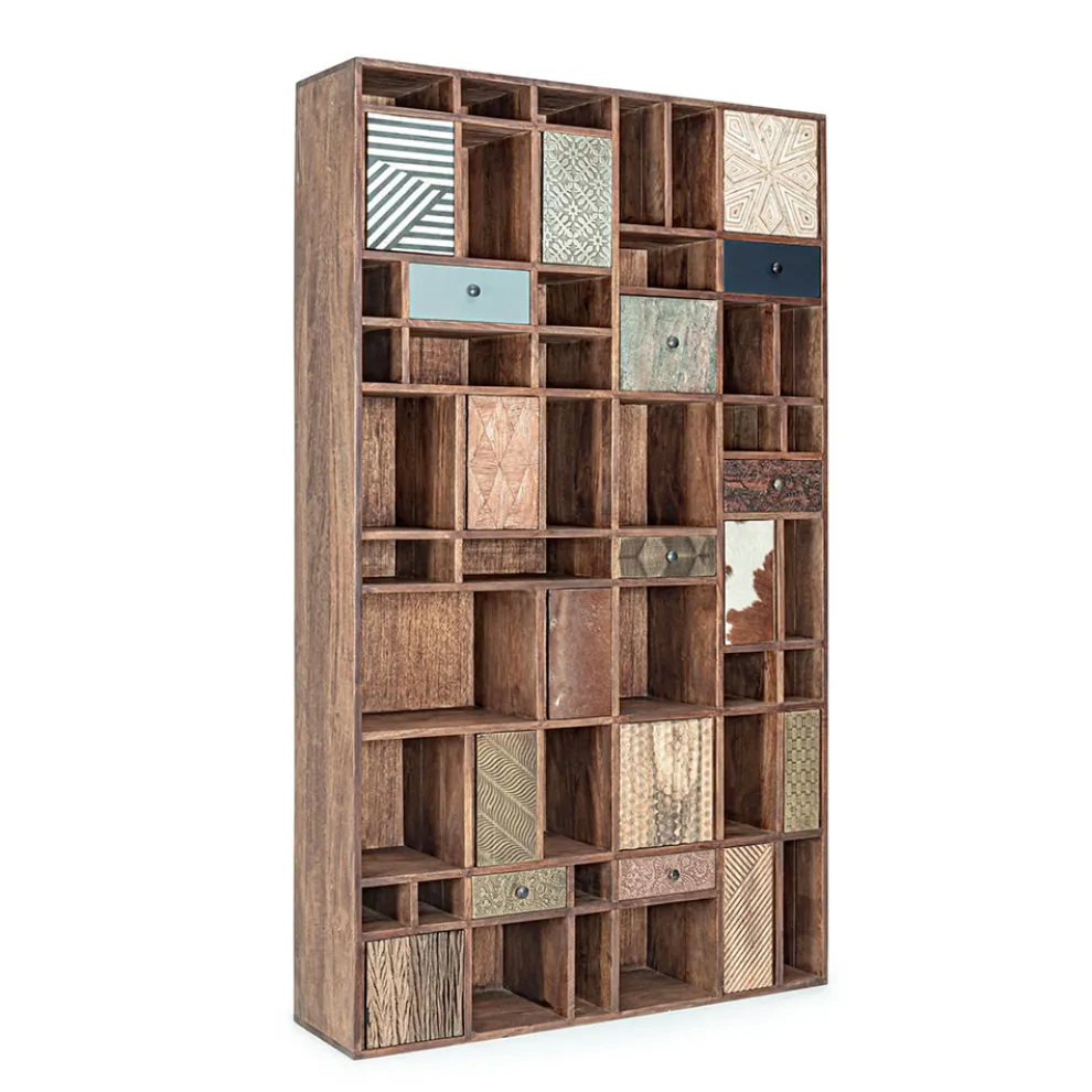 Bücherregal aus Mangoholz und recycelte Schubladen mit Homemotion-Dekorationen - Auriel