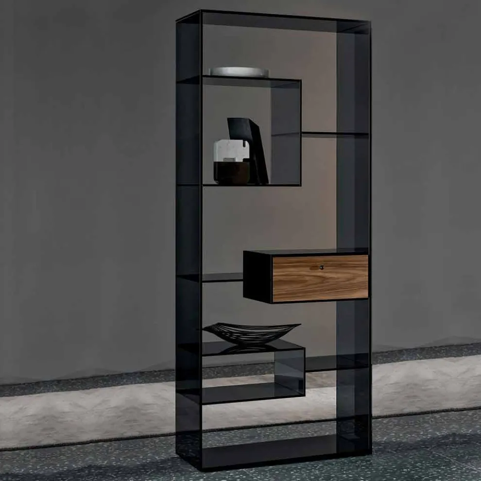 Bücherregal aus Rauchglas mit Schublade aus Nussbaumholz Canaletto Italian Design - Linzy
