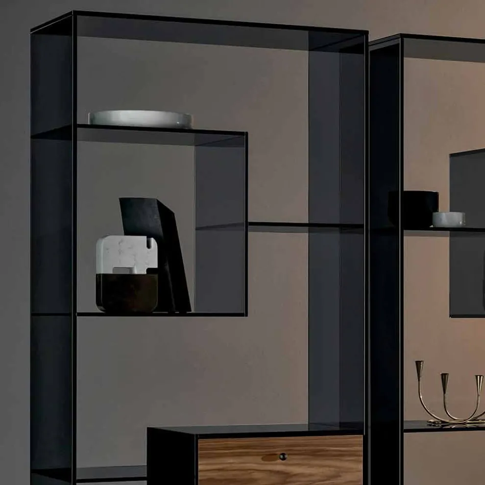 Bücherregal aus Rauchglas mit Schublade aus Nussbaumholz Canaletto Italian Design - Linzy