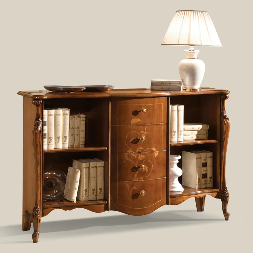 Bücherregal aus Walnussholz mit Intarsien und 4 Schubladen Made in Italy - Caligola