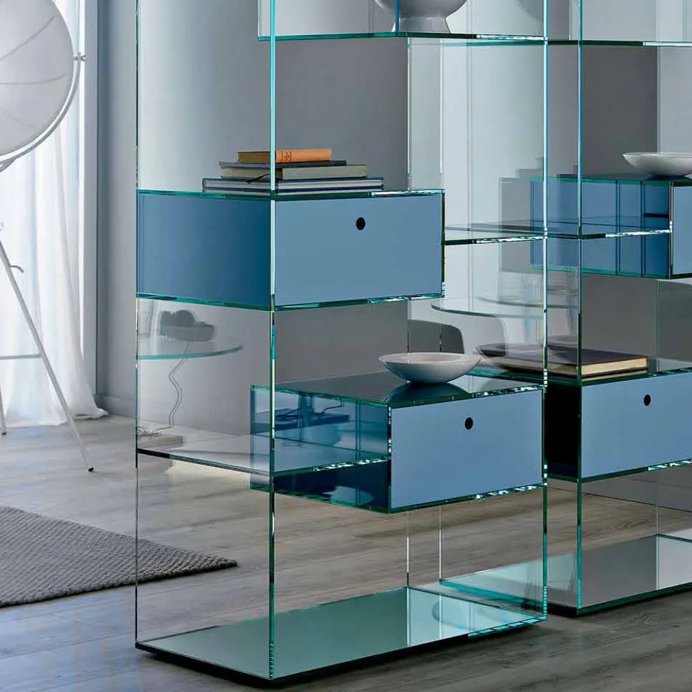Bücherregal für Wohnzimmer aus extra klarem Glas mit oder ohne Schubladen Made in Italy - Linzy