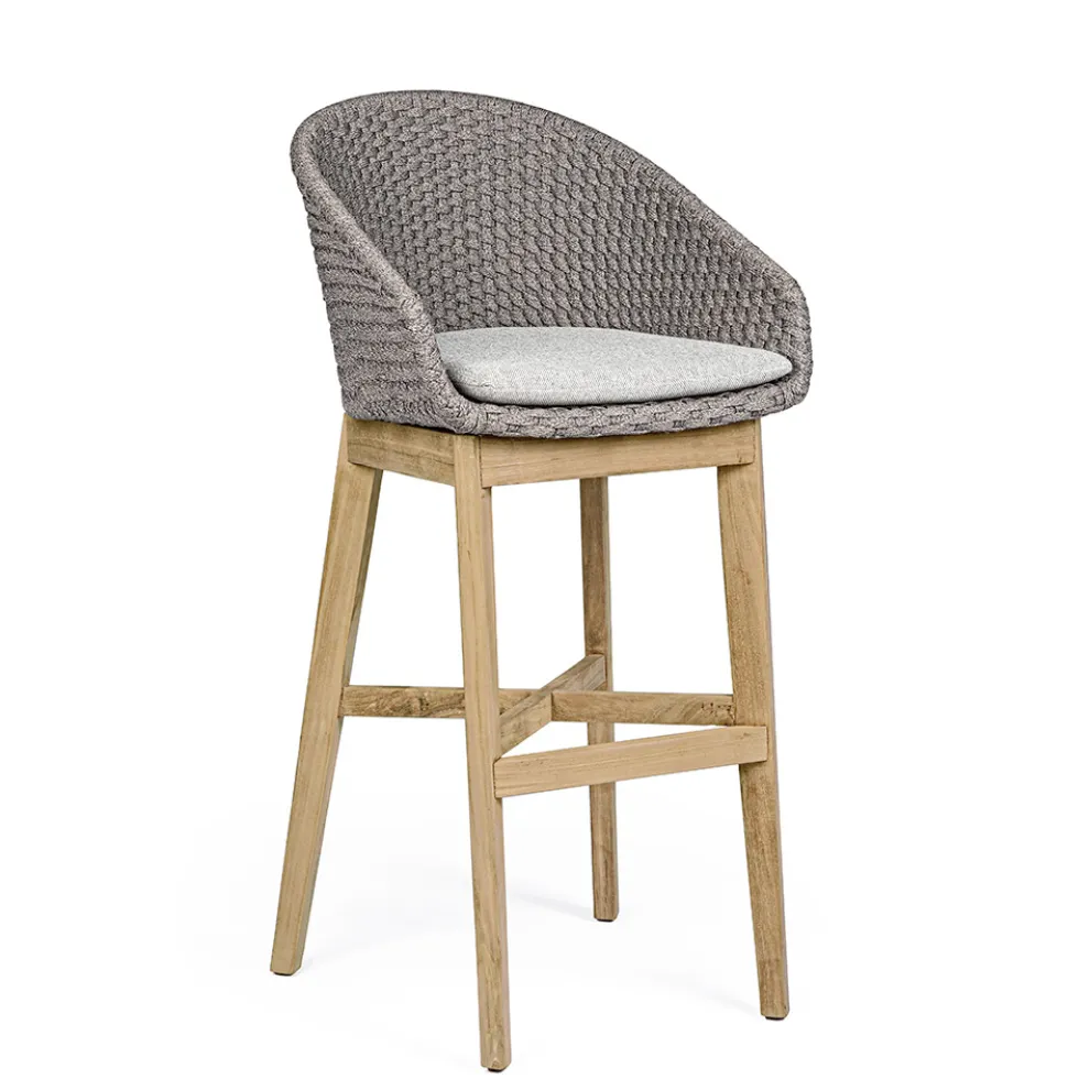 Hoher Außenhocker aus Seil- und Teakholz, Homemotion, 2 Stück - Anitha