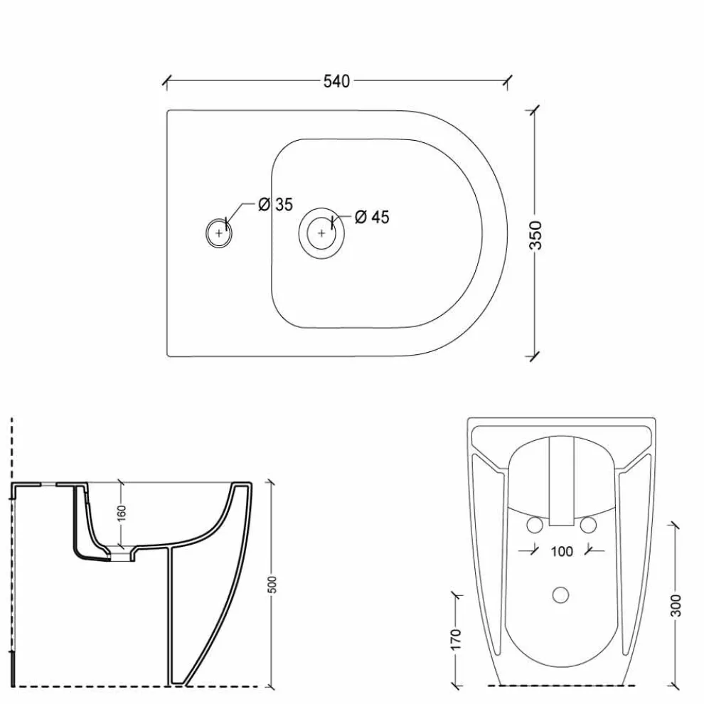 Bidet aus Keramik modernes Design Shine Square Open Rimless H50 cm