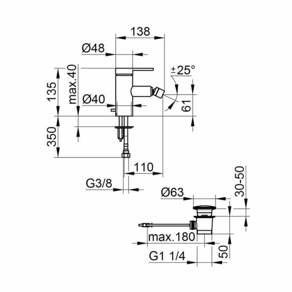 Bidetmischer mit Saltarello-Ablauf in Chrommessing, Luxus - Zanio