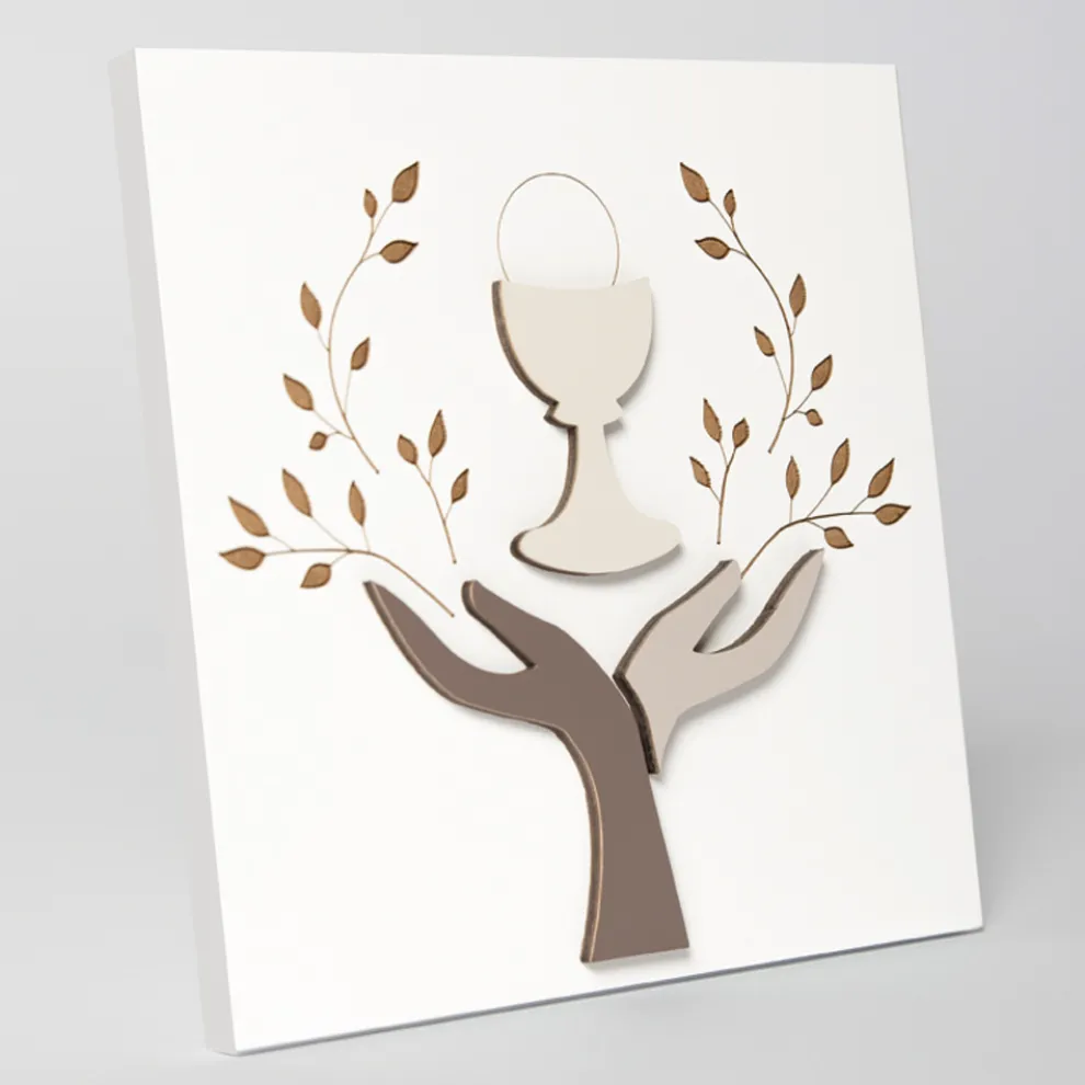 Bild mit Lasergravur von Olivenbaum und Hostie, hergestellt in Italien – Joel