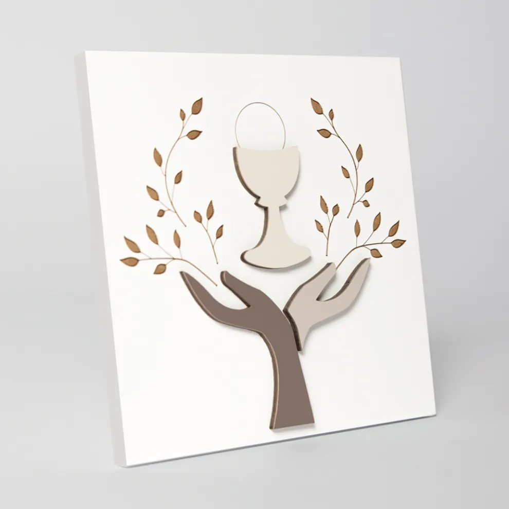 Bild mit Lasergravur von Olivenbaum und Hostie, hergestellt in Italien – Joel