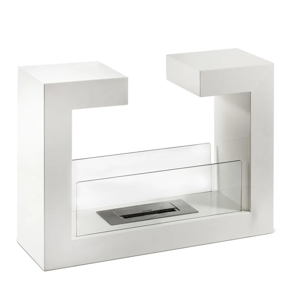 Bio-Bodenkamin aus weiß lackiertem Metall und gehärtetem Glas - Pelide