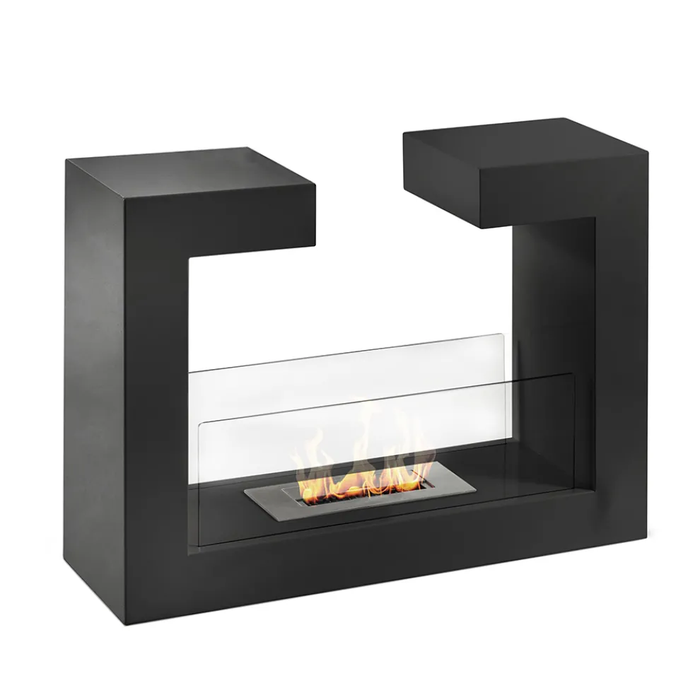Bioethanol-Bodenkamin aus schwarzem Metall und gehärtetem Glas - Plutanium