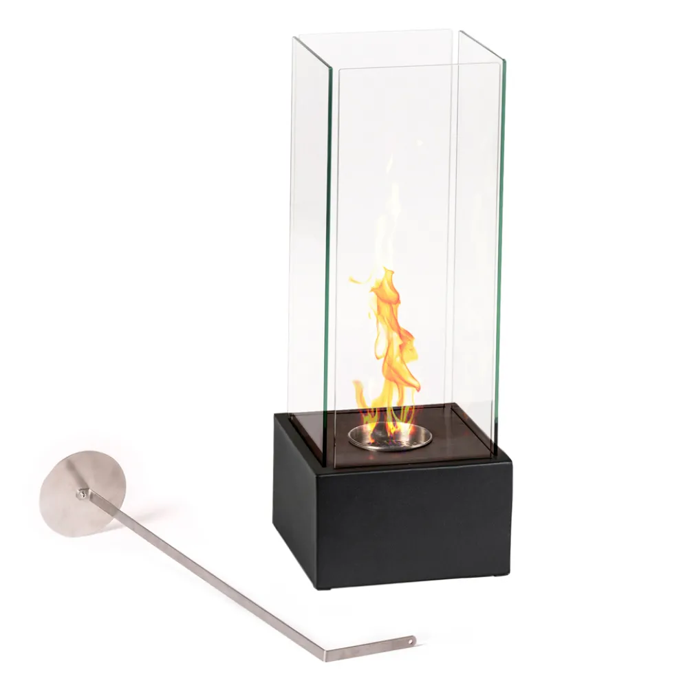 Bioethanol-Bodenkamin aus gehärtetem Glas und schwarzem Metallsockel – Spike