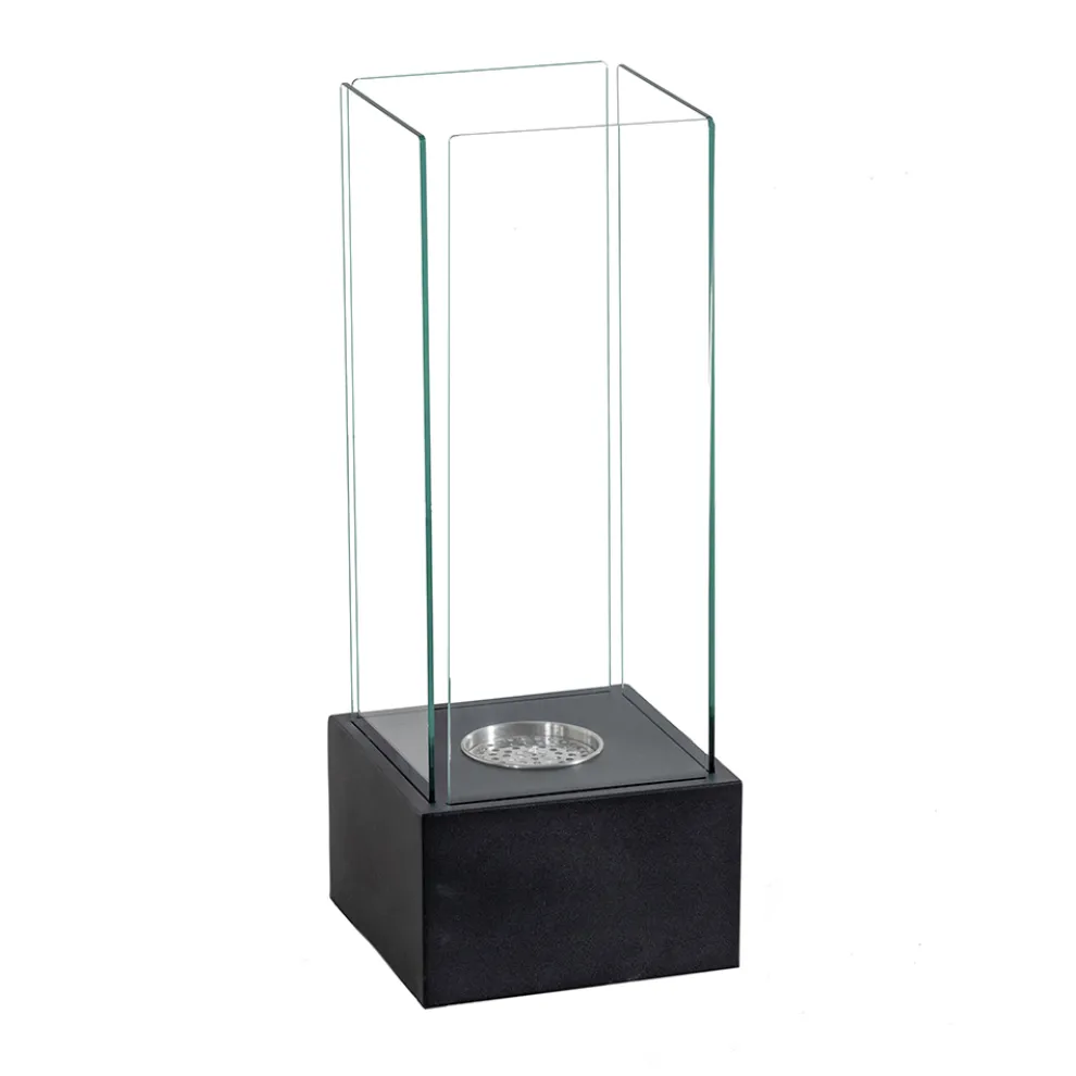 Bioethanol-Bodenkamin aus gehärtetem Glas und schwarzem Metallsockel – Spike