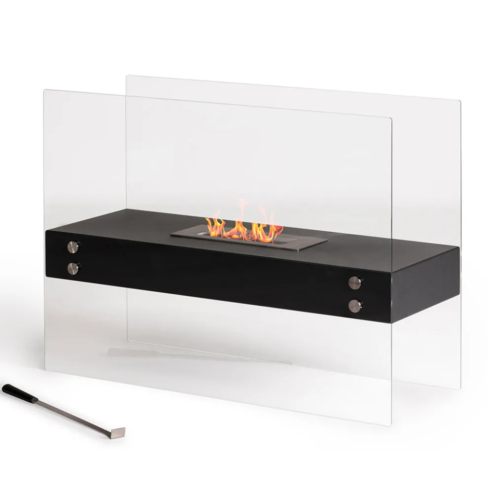 Bioethanol-Bodenkamin aus schwarzem Metall und gehärtetem Glas - Violante