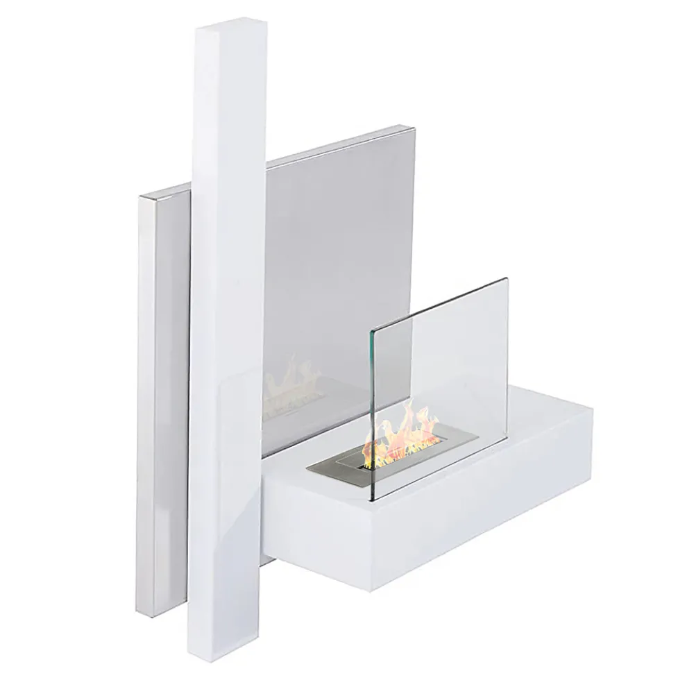 Bioethanol-Wandkamin aus weißem Metall und gehärtetem Glas – Thor