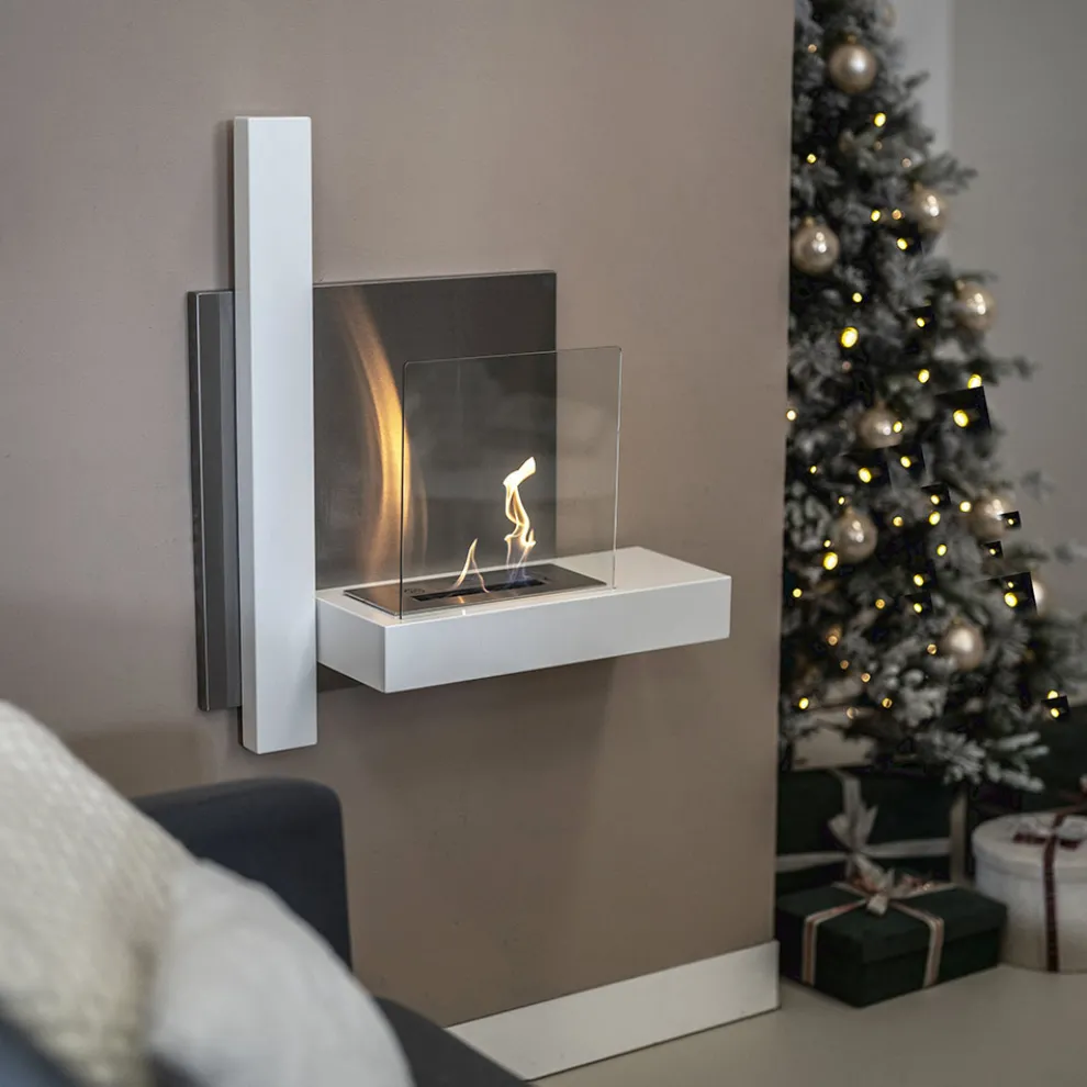 Bioethanol-Wandkamin aus weißem Metall und gehärtetem Glas – Thor