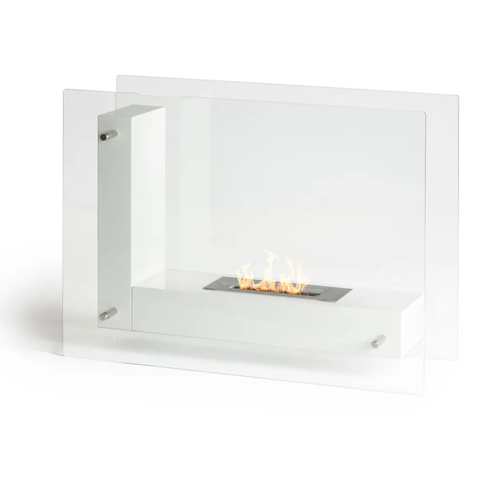 Boden-Biokamin mit doppelseitiger Struktur aus Glas und Metall - Planeto