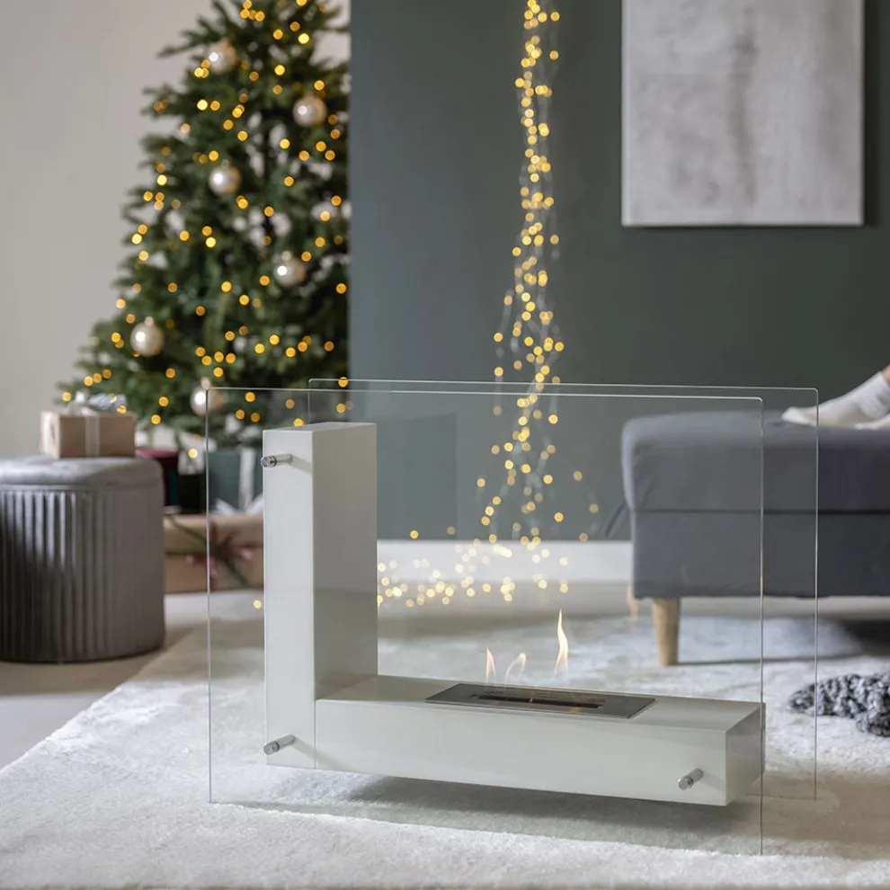 Boden-Biokamin mit doppelseitiger Struktur aus Glas und Metall - Planeto