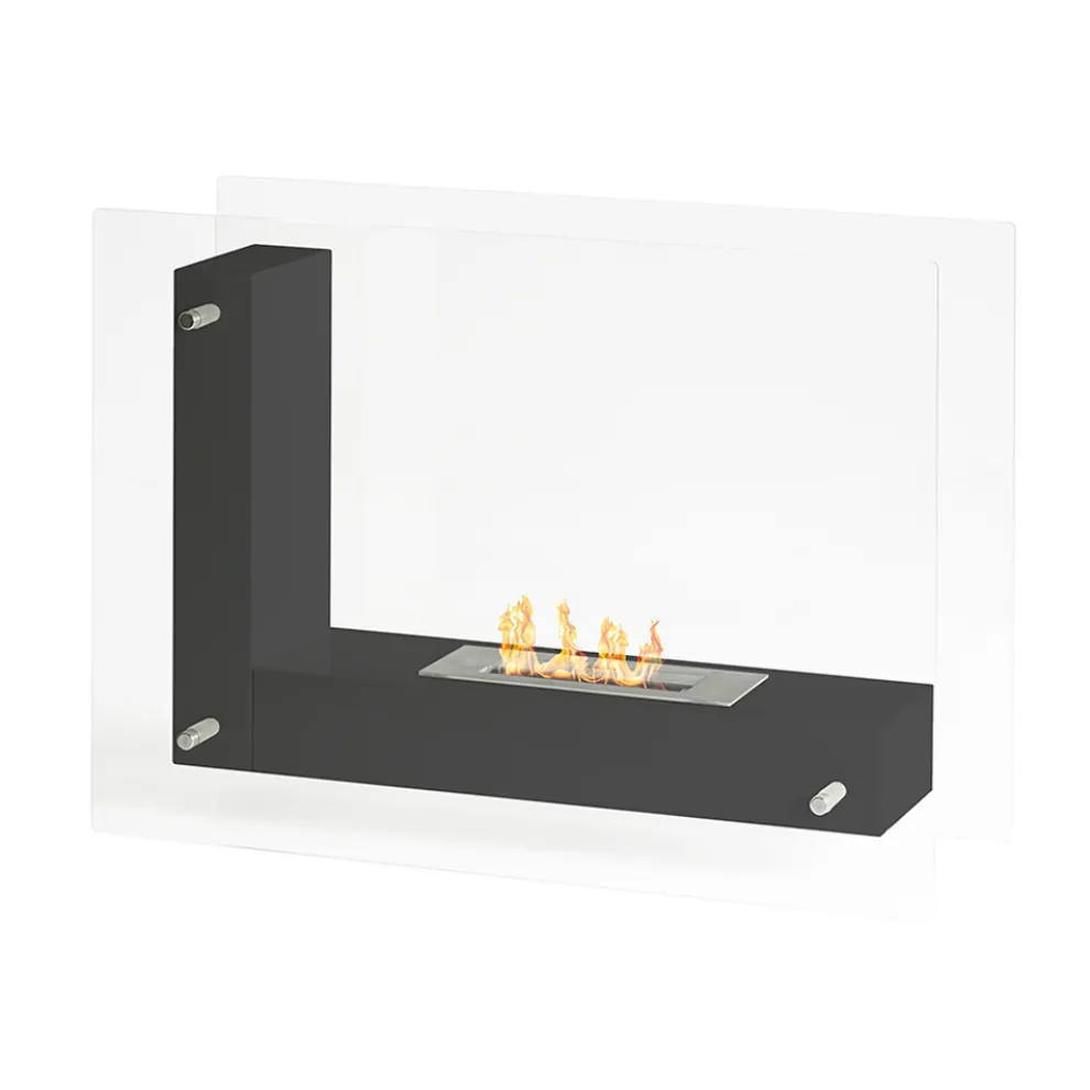 Bodenbiokamin mit doppelseitiger Struktur aus Glas und schwarzem Metall – Squillo