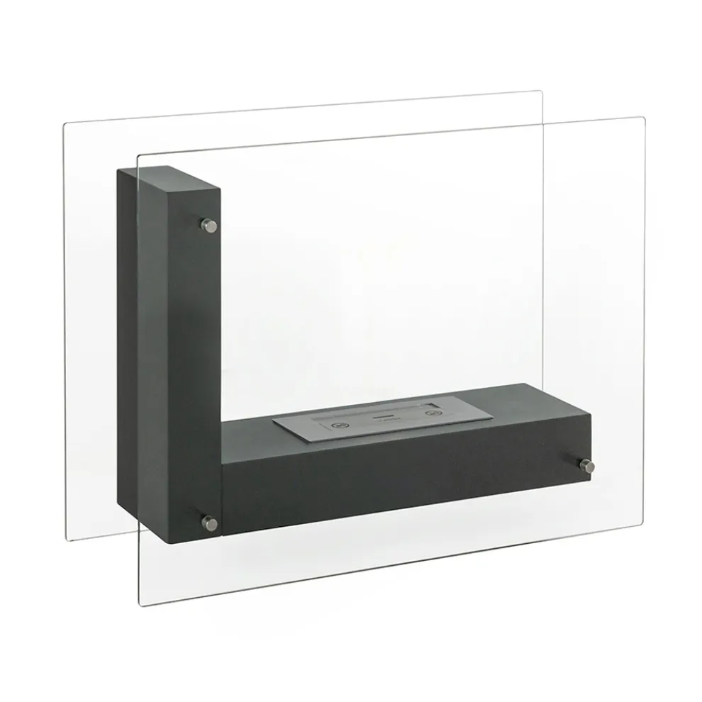 Bodenbiokamin mit doppelseitiger Struktur aus Glas und schwarzem Metall – Squillo