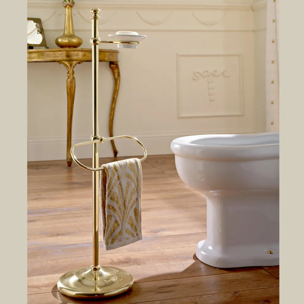 Bodenhandtuchhalter mit Seifenschale aus Messing und Vintage-Keramik - Rouen