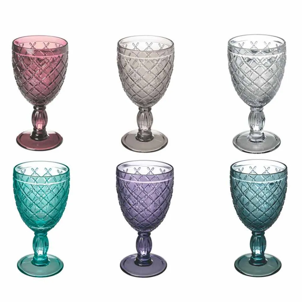 Wein- oder Wasserbecher aus farbigem oder transparentem Glas mit Dekorationen, 12 Stück - Rocca