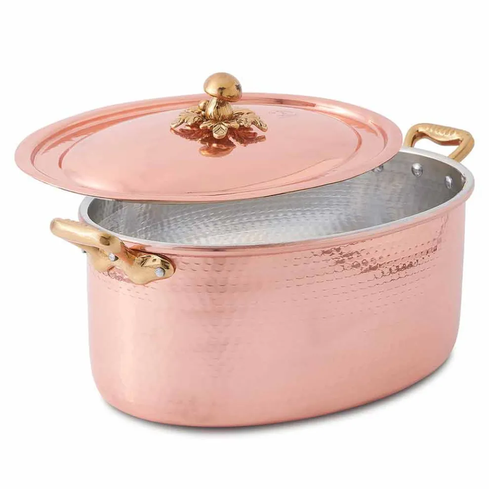 Ovale handverzinnte Kupferkasserolle für Backofen und Deckel 31x22 cm - Mariag