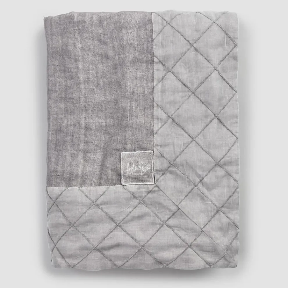 Tischdecke und Bordüre aus anthrazitfarbenem Leinen mit geometrischem Dekor, handgefertigt - Dippel