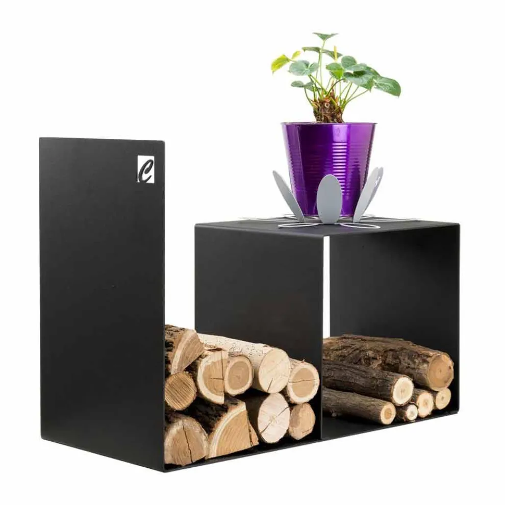 Modernes Design Holzhalter mit Innentisch aus schwarzem Stahl - Cecia