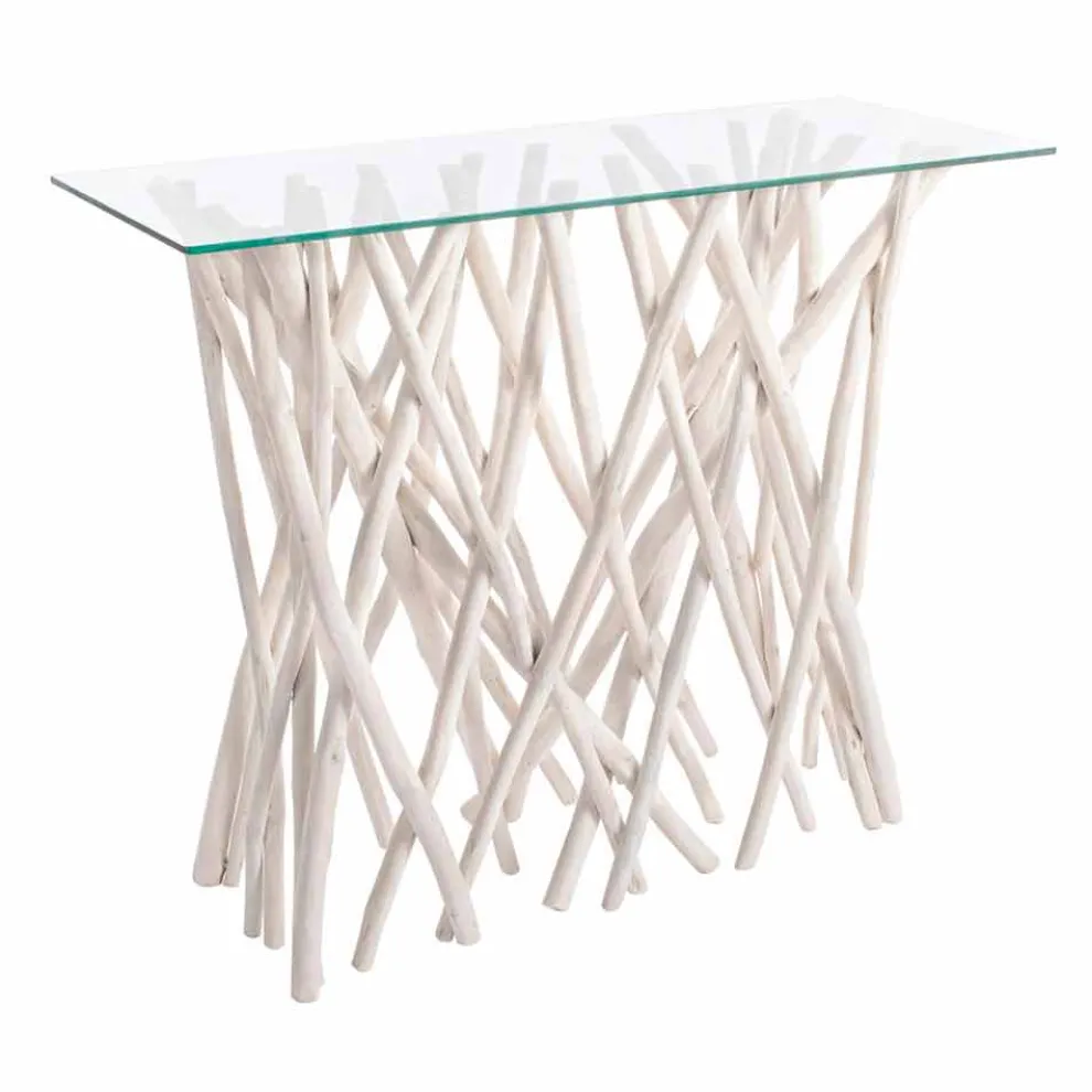 Consolle aus gebleichtem Teakholz und Luxus-Design-Glasplatte - Francesca
