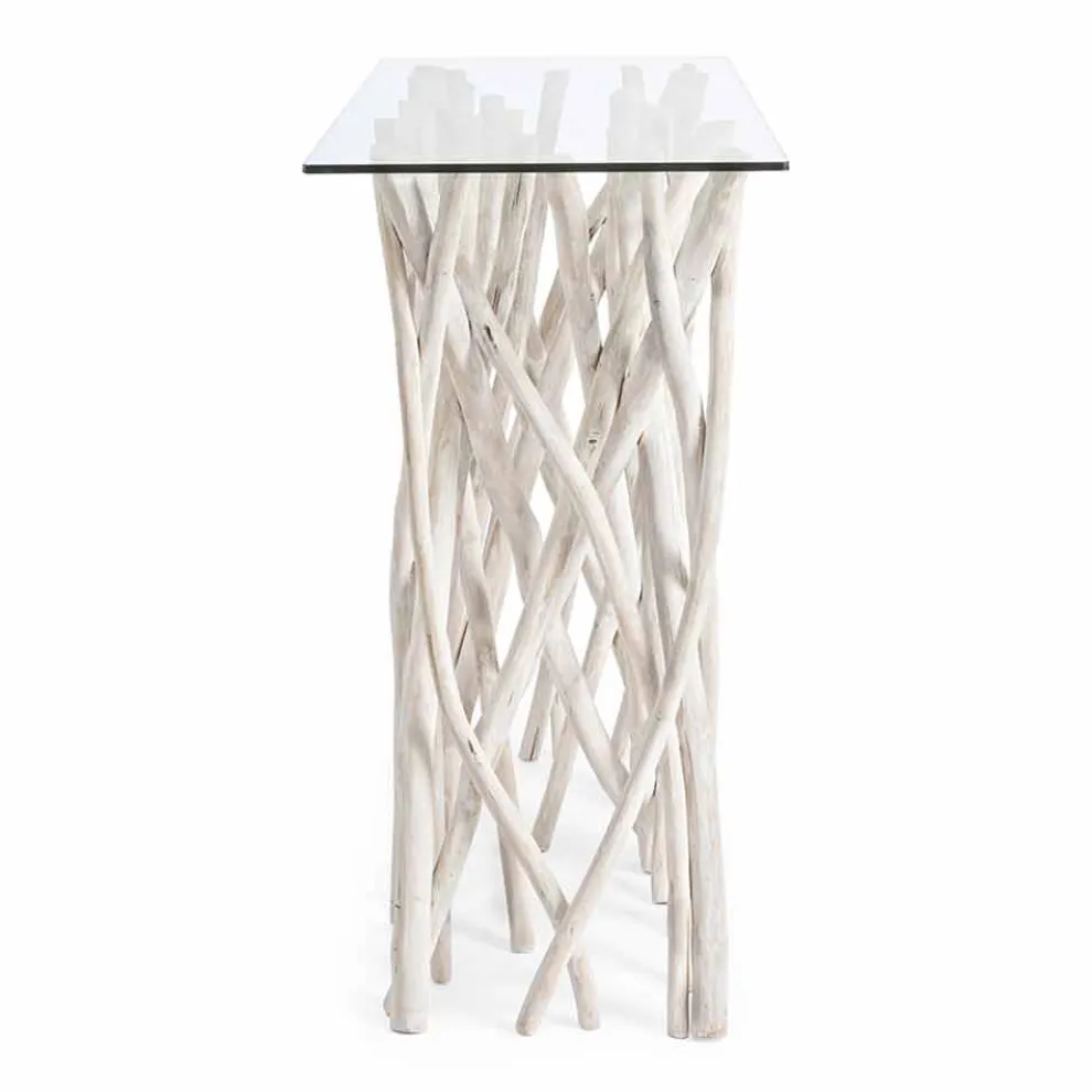 Consolle aus gebleichtem Teakholz und Luxus-Design-Glasplatte - Francesca