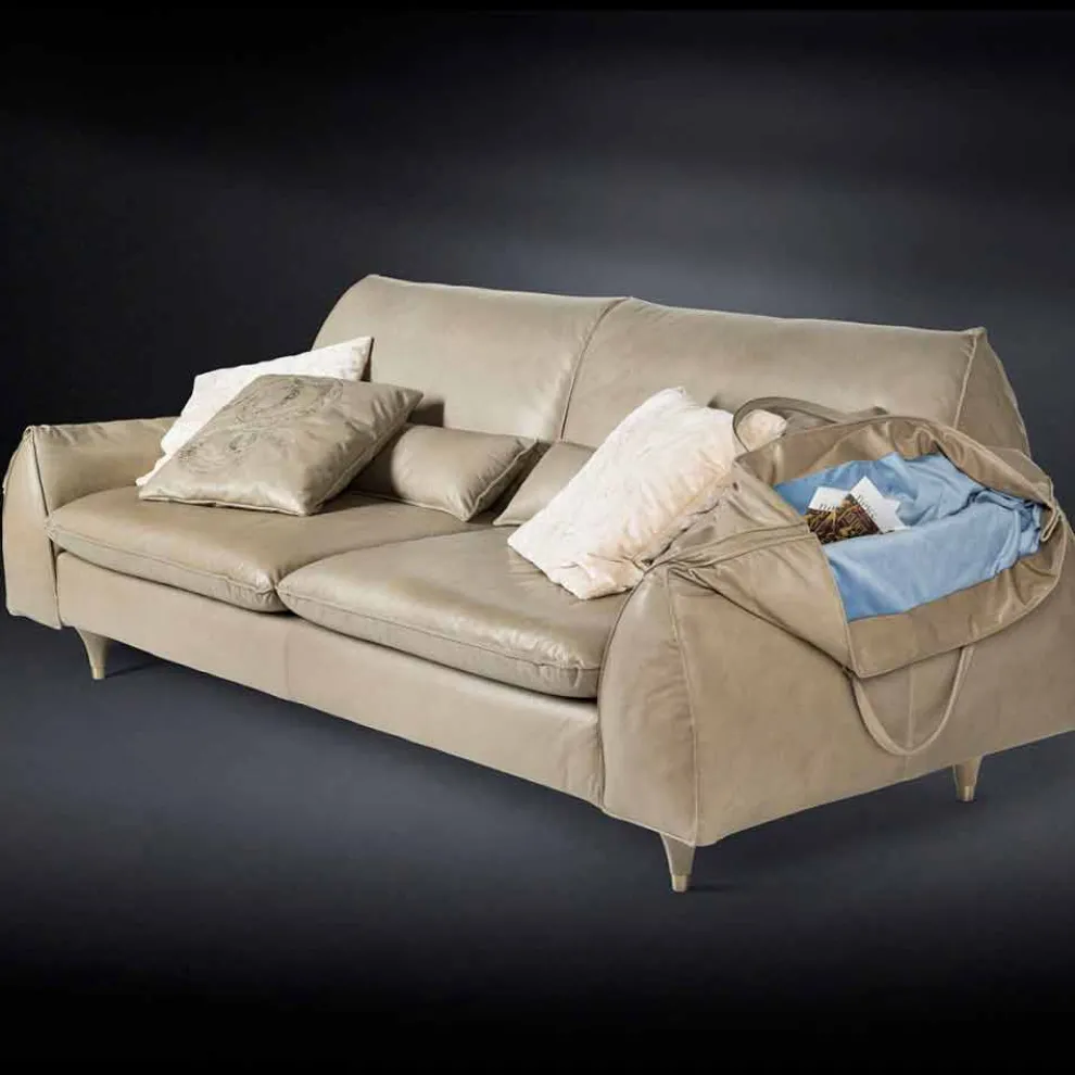 Couch aus Massivholz und Leder, Armelehnen mit Ablage Eve