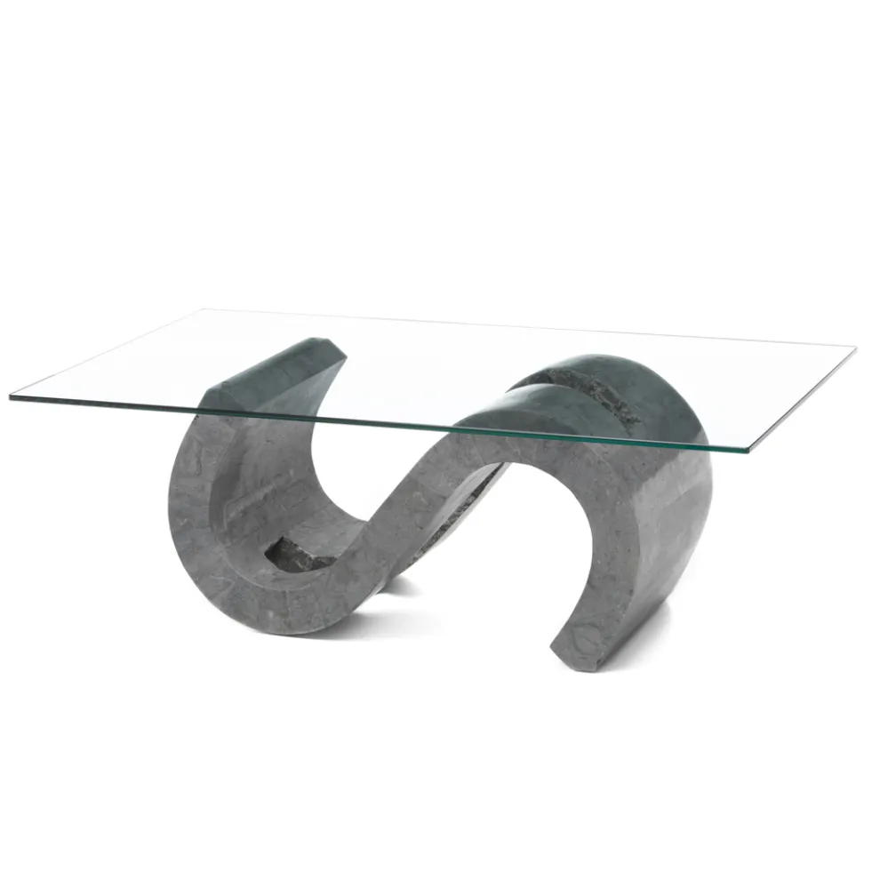 Couchtisch aus gehärtetem Glas mit Sockel aus Fossilstein – Jordan