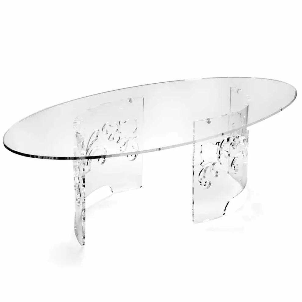 Couchtisch aus geräuchertem oder transparentem Plexiglas mit dekoriertem Sockel - Crassus