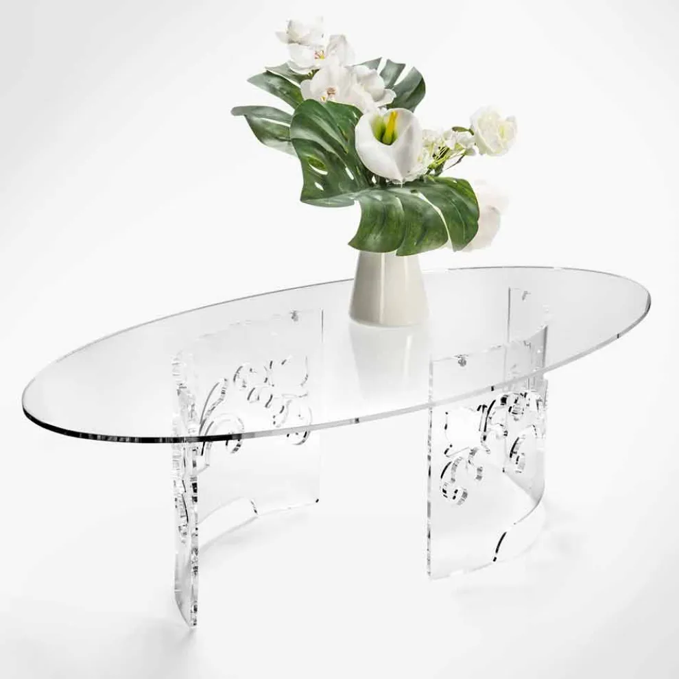 Couchtisch aus geräuchertem oder transparentem Plexiglas mit dekoriertem Sockel - Crassus