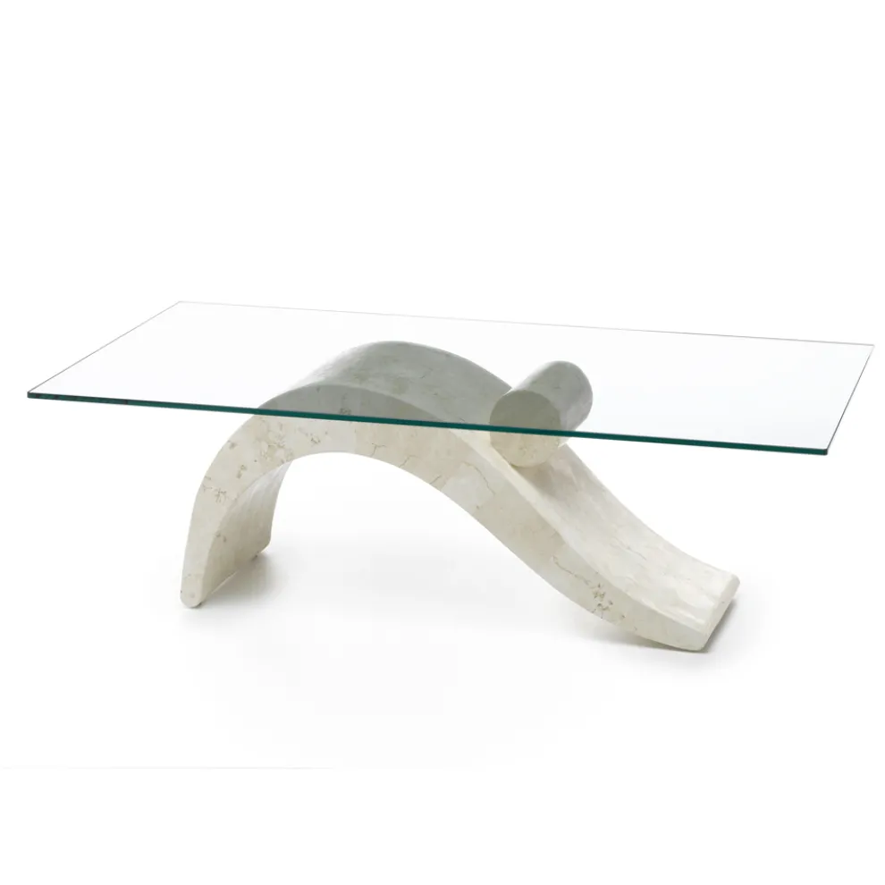 Couchtisch im modernen Design mit Glasplatte und Sockel aus Fossilstein – Nachfüllen