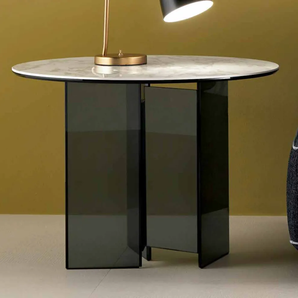 Couchtisch mit Couchtisch aus Rauchglas und runder Keramikplatte - Random