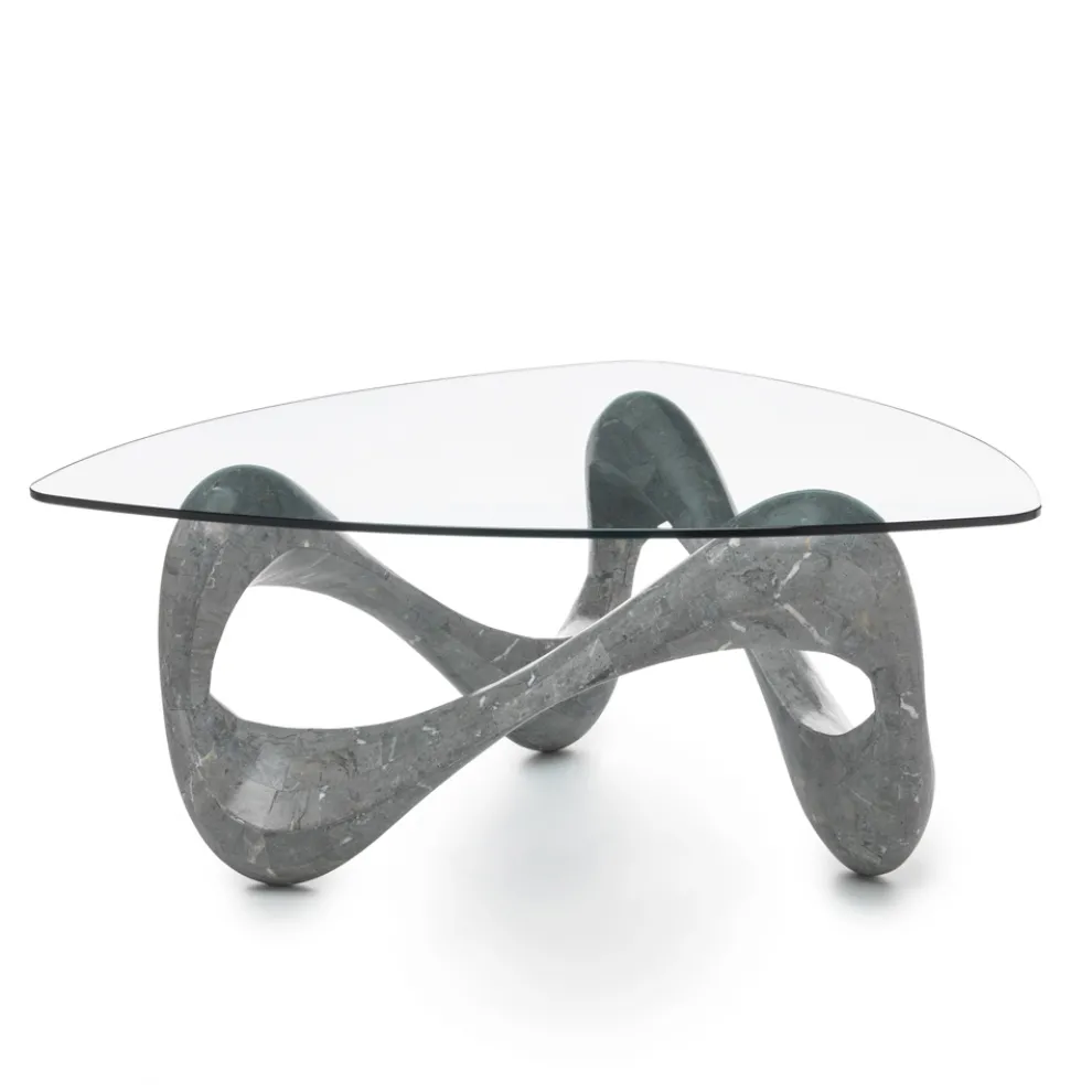 Couchtisch mit Glasplatte und Sockel aus Fossilstein – Kalifornien