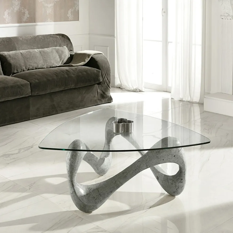 Couchtisch mit Glasplatte und Sockel aus Fossilstein – Kalifornien