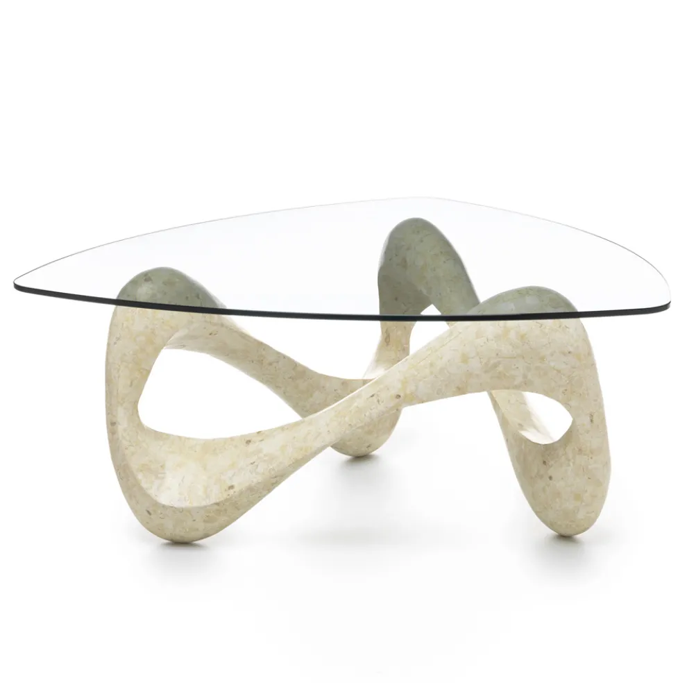 Couchtisch mit Glasplatte und Sockel aus Fossilstein – Kalifornien