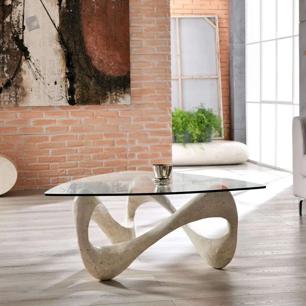 Couchtisch mit Glasplatte und Sockel aus Fossilstein – Kalifornien