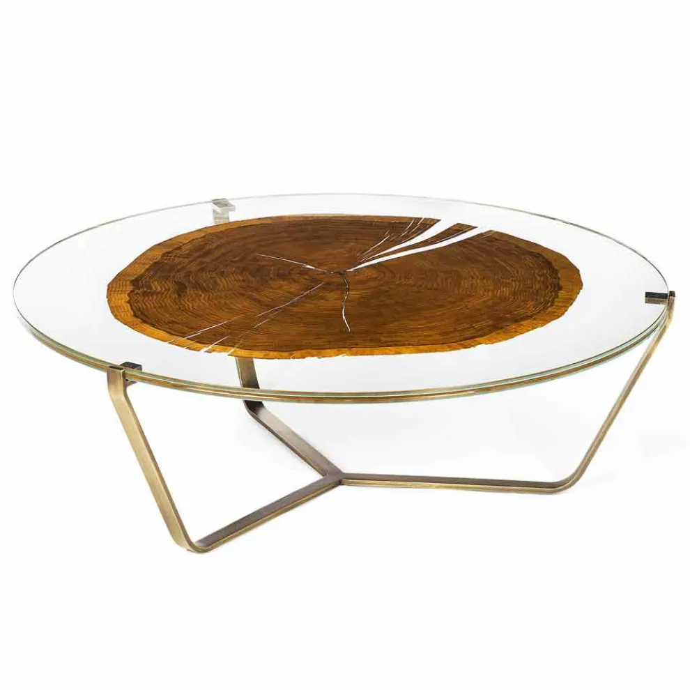 Couchtisch mit runder Glasplatte und Holzplatte Made in Italy - Baviera