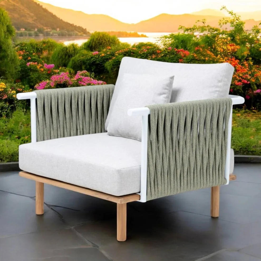 Gartensessel aus Teakholz, Seilgeflecht und Kissen - Bellatrix