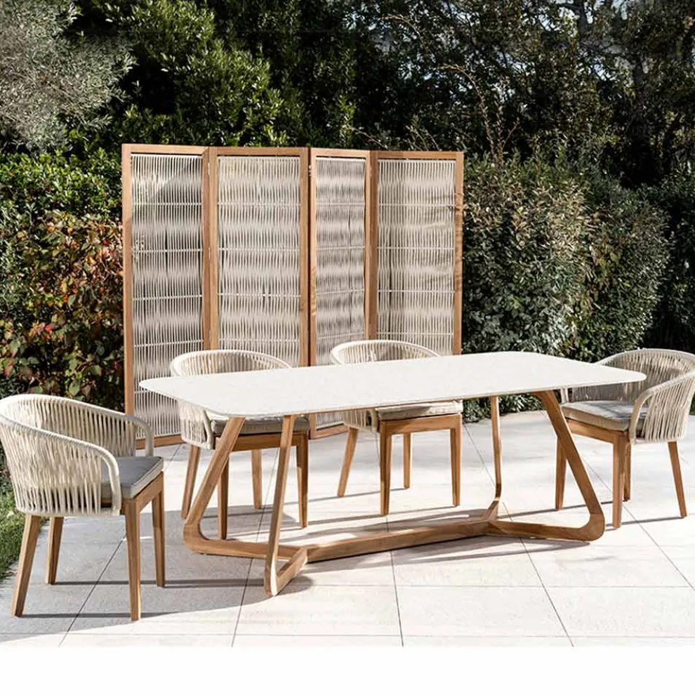 Gartentisch mit Holzsockel und weißer Terrazzo-Keramikplatte - Infinity