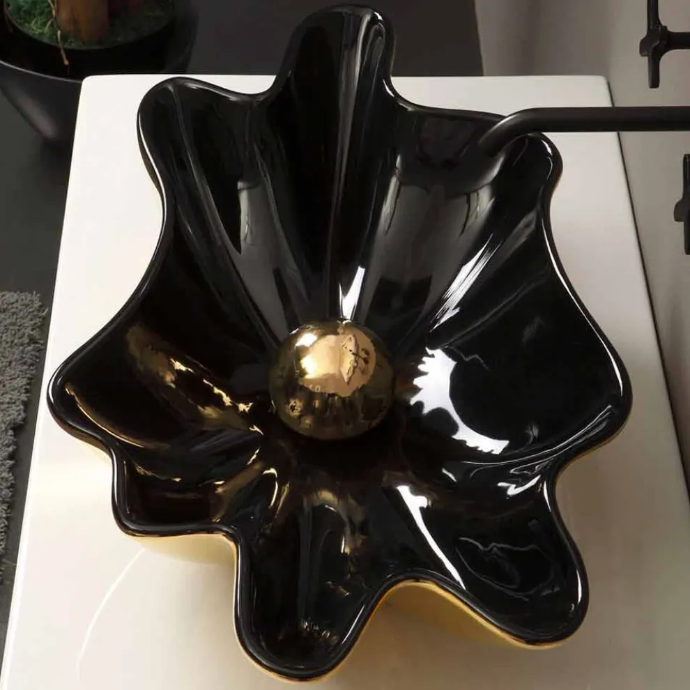 Design Aufsatzwaschbecken aus schwarzer/golfarbener Keramik Rayan